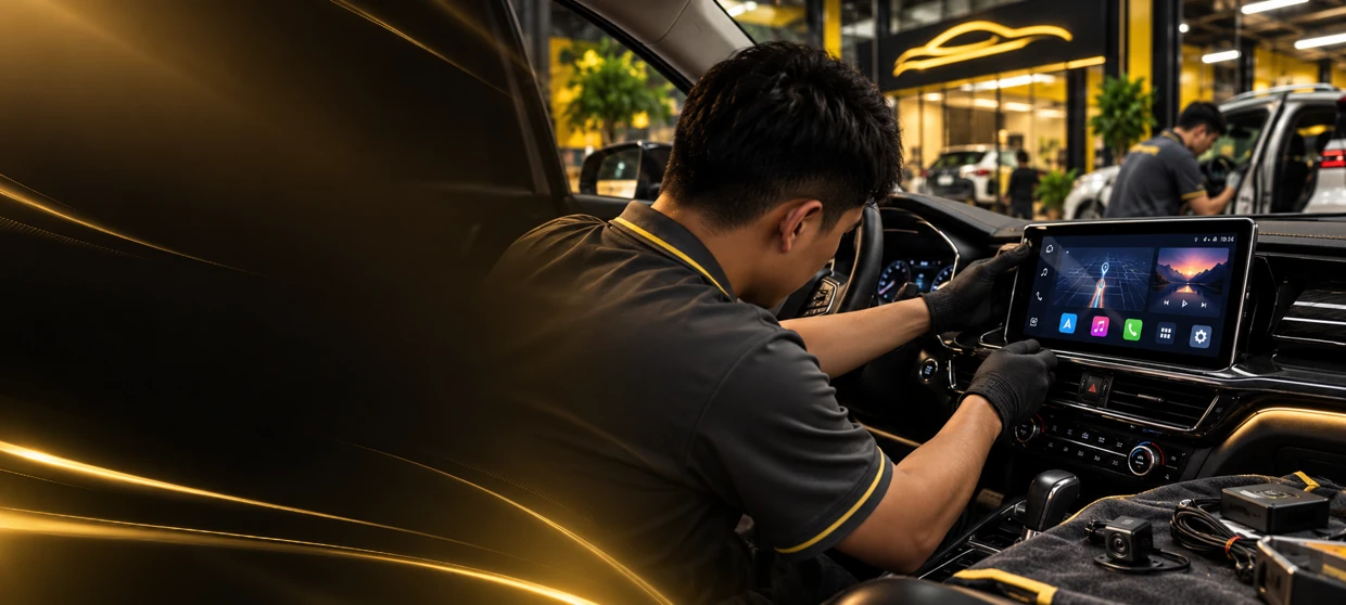 Kỹ thuật viên Thành Phát Auto thi công màn hình Android cho ô tô
